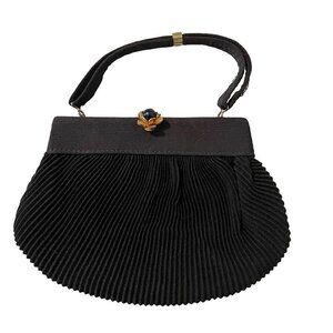 Vintage Pleated Satin Flower Clasp Handled Framed Evening Bag with Coin Purse